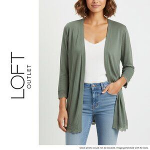 LOFT Women's Large Sage Green 3/4 Sleeve Open Front Cardigan Scalloped Lace Hem